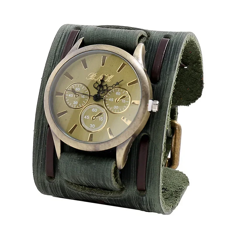 Relogio Masculi Retro Big Wide Genuine Leather Strap Watch Men Punk  Quartz Cuff Watch Wristwatches Bracelet Unusual Wrist Watch 4