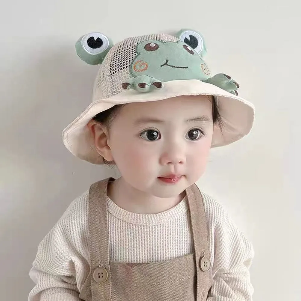 Sweet Korean Style Cartoon Frog Bucket Hat Mesh Cotton Baby Sun Protection Hat Sunscreen Breathable Children Fishman Hat Boys
