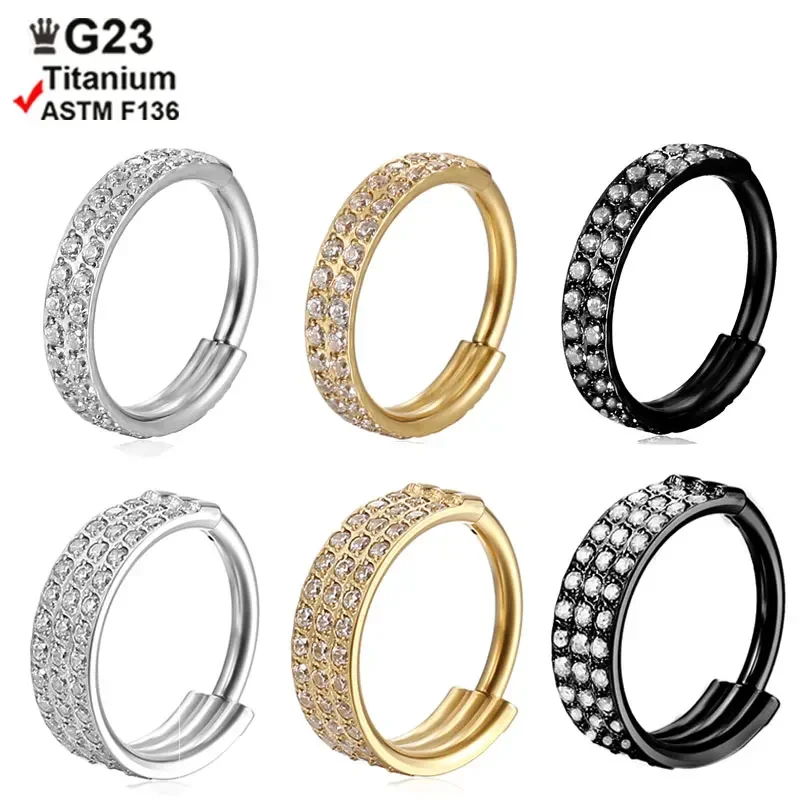 

ASTM Titanium Double Layered Triple Zircon Stack Hinged Nose Ring Piercing Helix Cartilage CZ Small Cartilage Septum Clicker