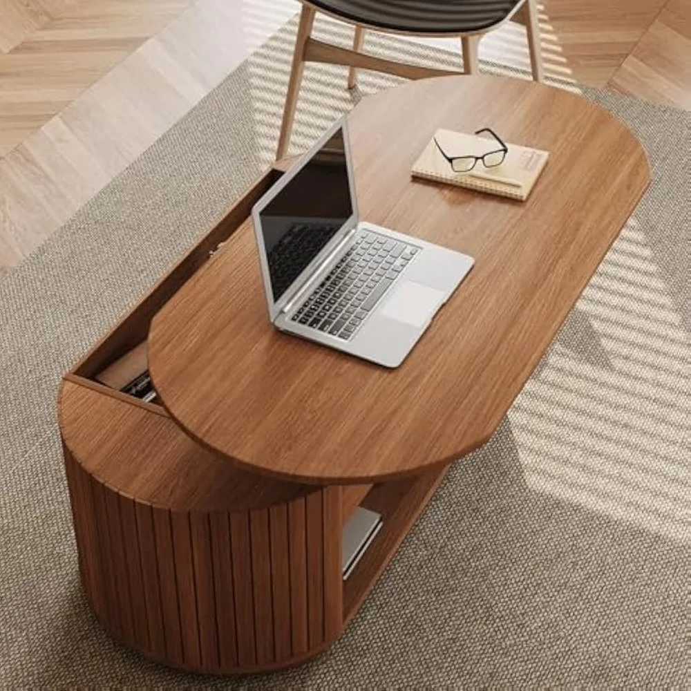 47-Inch Lift Top Wood Coffee Table with Hidden Storage Compartment and Open Shelf for Living Room, Fluted Oval Center Tea Table 5