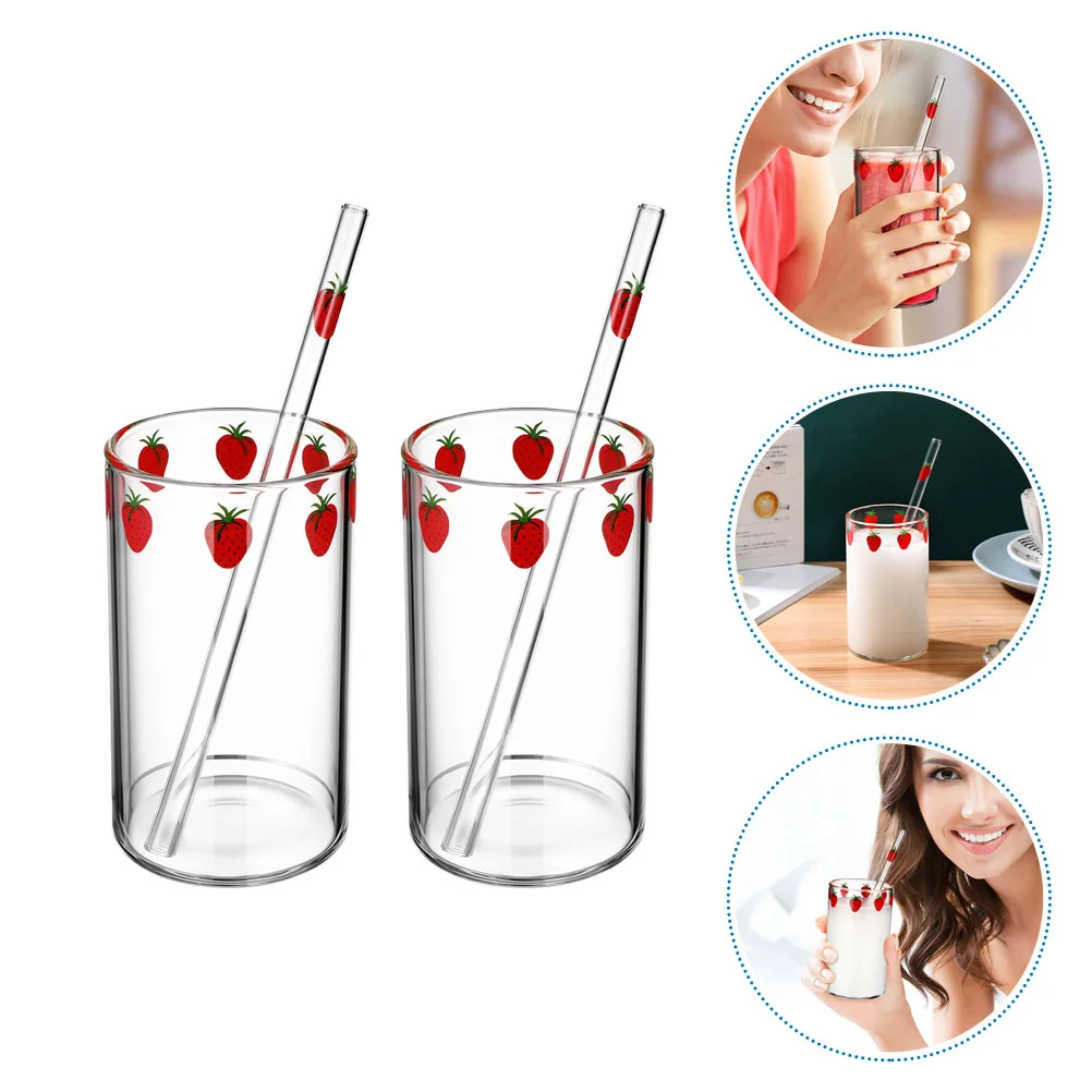 

Glass Strawberry Cups Straws Clear Water Tumbler Kawaii Cup Cute Drinking Glasses