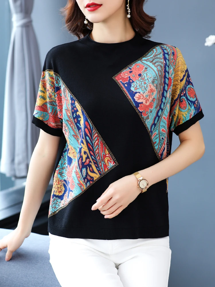 

Print Knitted T Shirt Women Sweater Pullovers Summer Clothes For Women Tees Top Casual Short Sleeve Patchwork Women's T-shirt