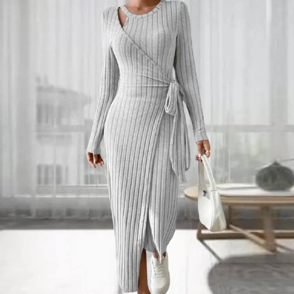 

Breathable Women Dress Elegant Knitted Maxi Dress with Lace-up Waist Irregular Hem for Women's Fall/winter Fashion Elastic Women