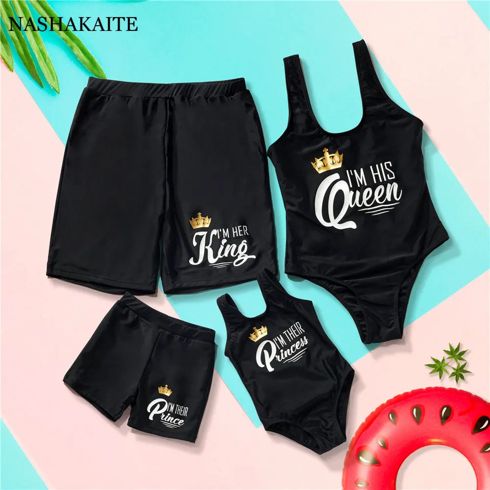 

Crown Text Print Swimsuit Matching Family Outfits Mother Daughter Mommy And Me Swimsuit Dad Son Swimwear Family Swimwear Sets