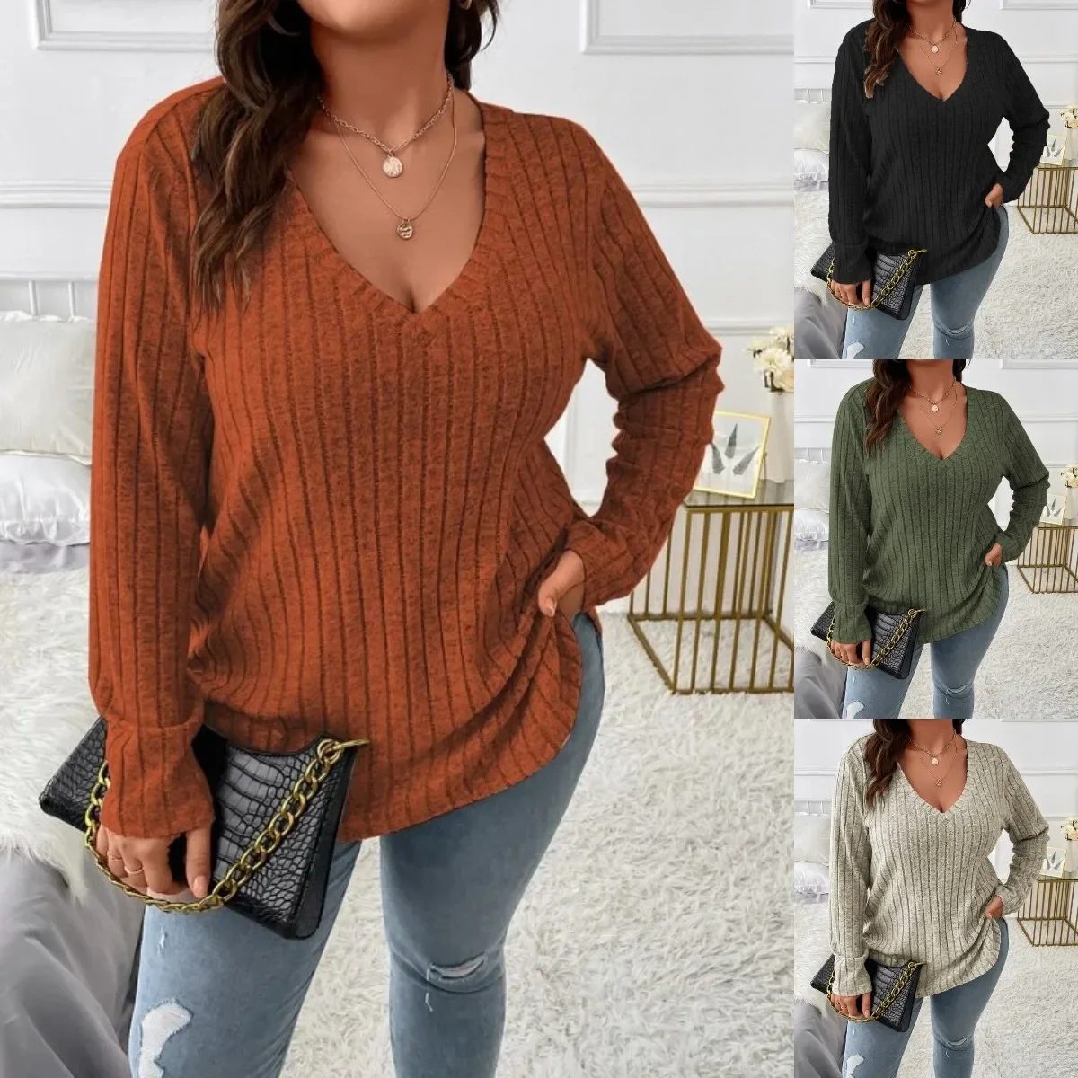 

Autumn New Solid Colour Big Size Women's Tops V-neck Long-sleeved Pit Stripes Abrasion T-shirt Loose Pullover Sweater