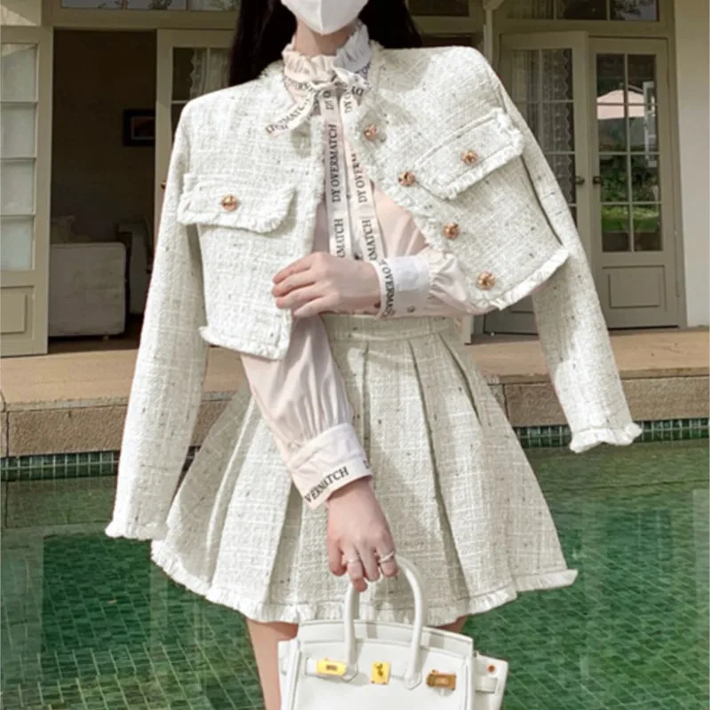 High Quality Tassel Design 2-Piece Sets Women Tweed Autumn New Solid Outfits Long Sleeve Short Jacket Coat + Pleated Skirt Suits 3
