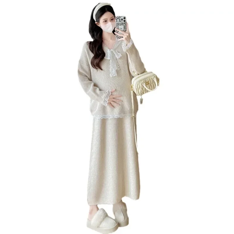 Fashionable Autumn/Winter Maternity Suit Plus Size Elegant Trendy Sweater Cardigan+Skirt 2-piece Set For Pregnant Women