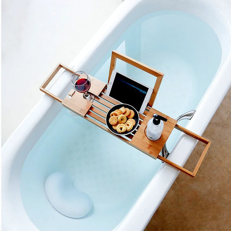 Bathroom Bamboo Adjustable Bath Caddy holder Tray Over Bathtub Rack Support 竹浴缸架 