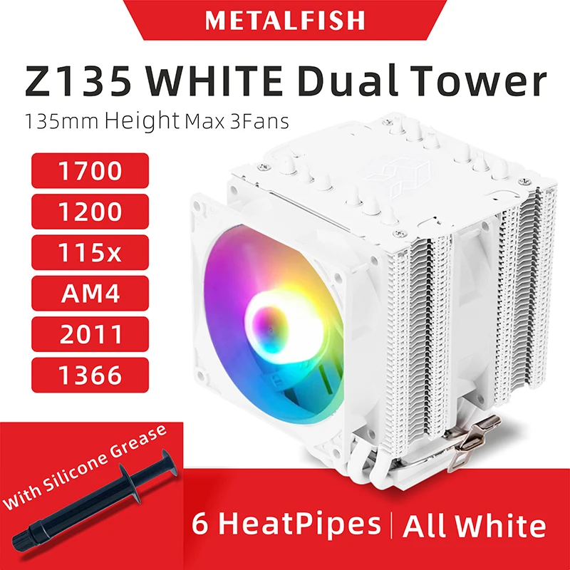 Todo o Refrigerador Branco da Cpu com Heatpipes Suportam 1700 1200 115x Am4 Eficiente 4pin Pwm Argb Ventilador Silencioso Radiador Z135