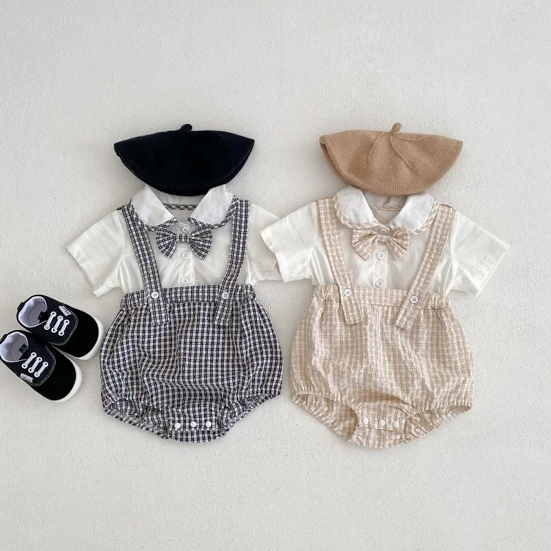 

INS Summer Baby Boy Romper 0-2Years Little Gentleman Short Sleeve Bow Plaid Bodysuit Cotton Playsuit Outfits Newborn Clothes