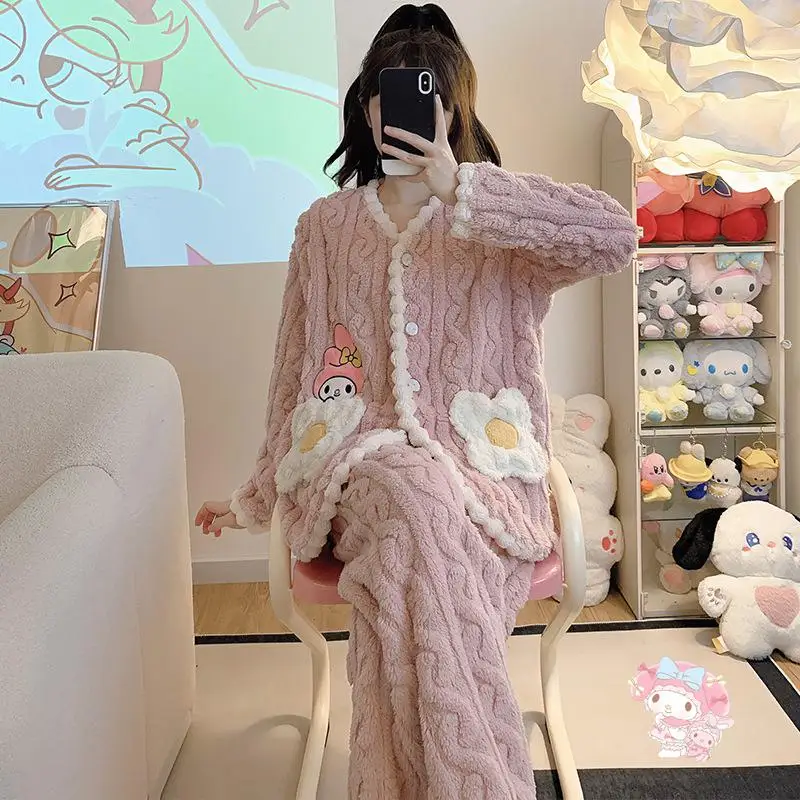 

Cartoon Sanrios My Melody Coral Velvet Pajamas Autumn Winter Leisure Comfort Thickened Plush Sleepwear Cute Household Clothes