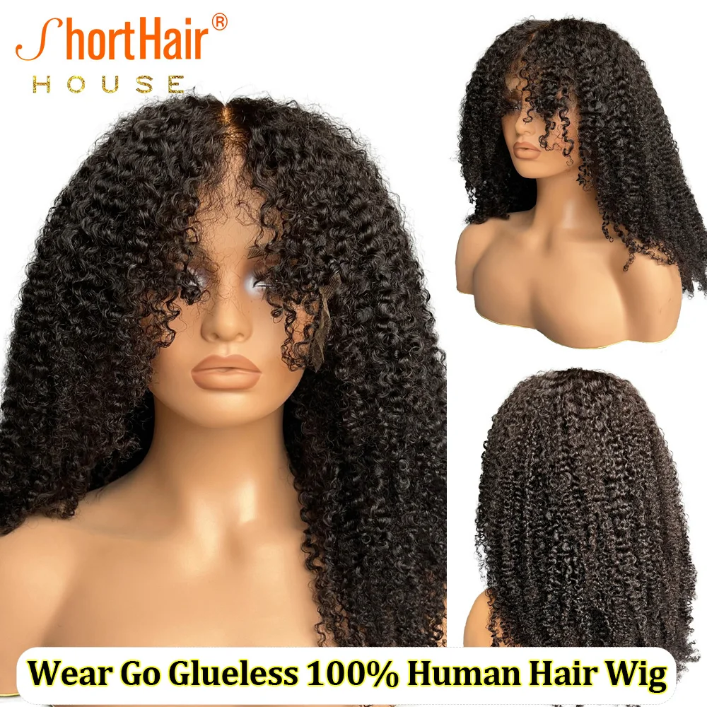 Lace front wigs Human hair wig Kinky Curly Ready To Wear Glueless Human Hair Wigs With Curly Bangs 4x4 Lace Closure Wigs 360 Full Lace Frontal Wig 250% Density