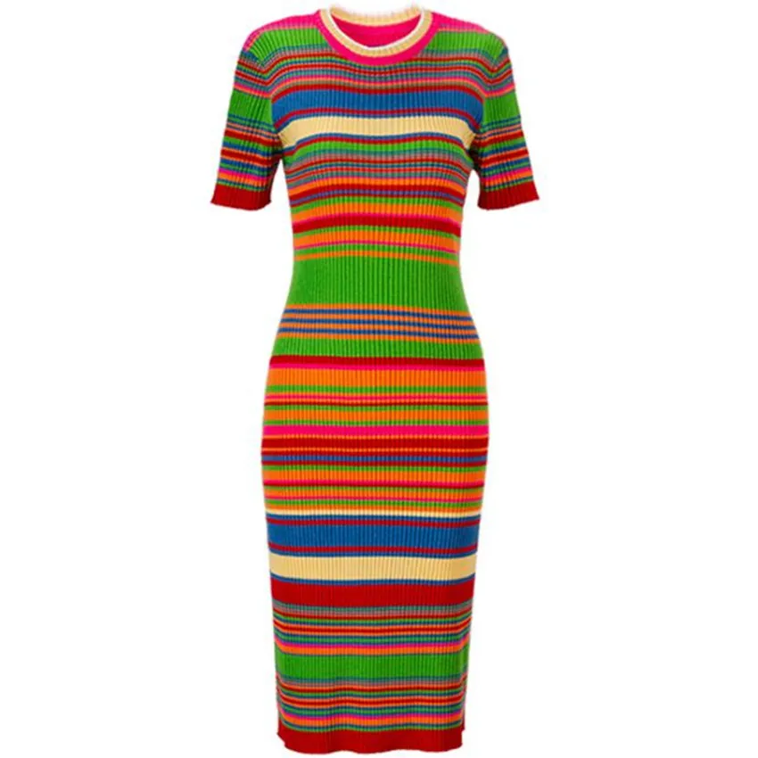 

Colorful Striped Short-sleeved Knitted Dress For Women Spring Summer 2023 Slim Hip