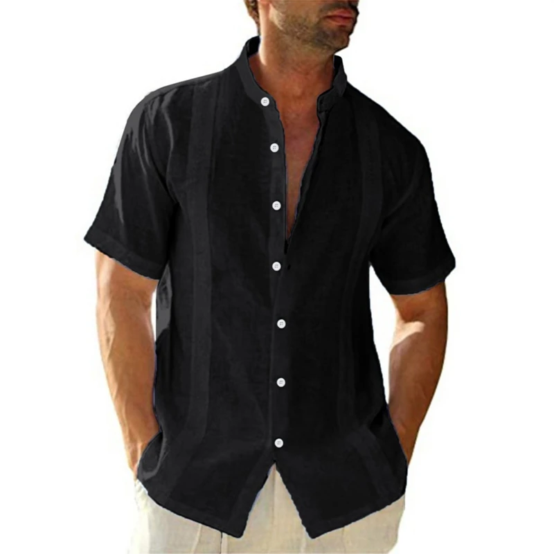 Men Summer Short Sleeve Linen Shirt Lapel Neck Beach Blouse Top Casual Slim Buttons Dress Shirt