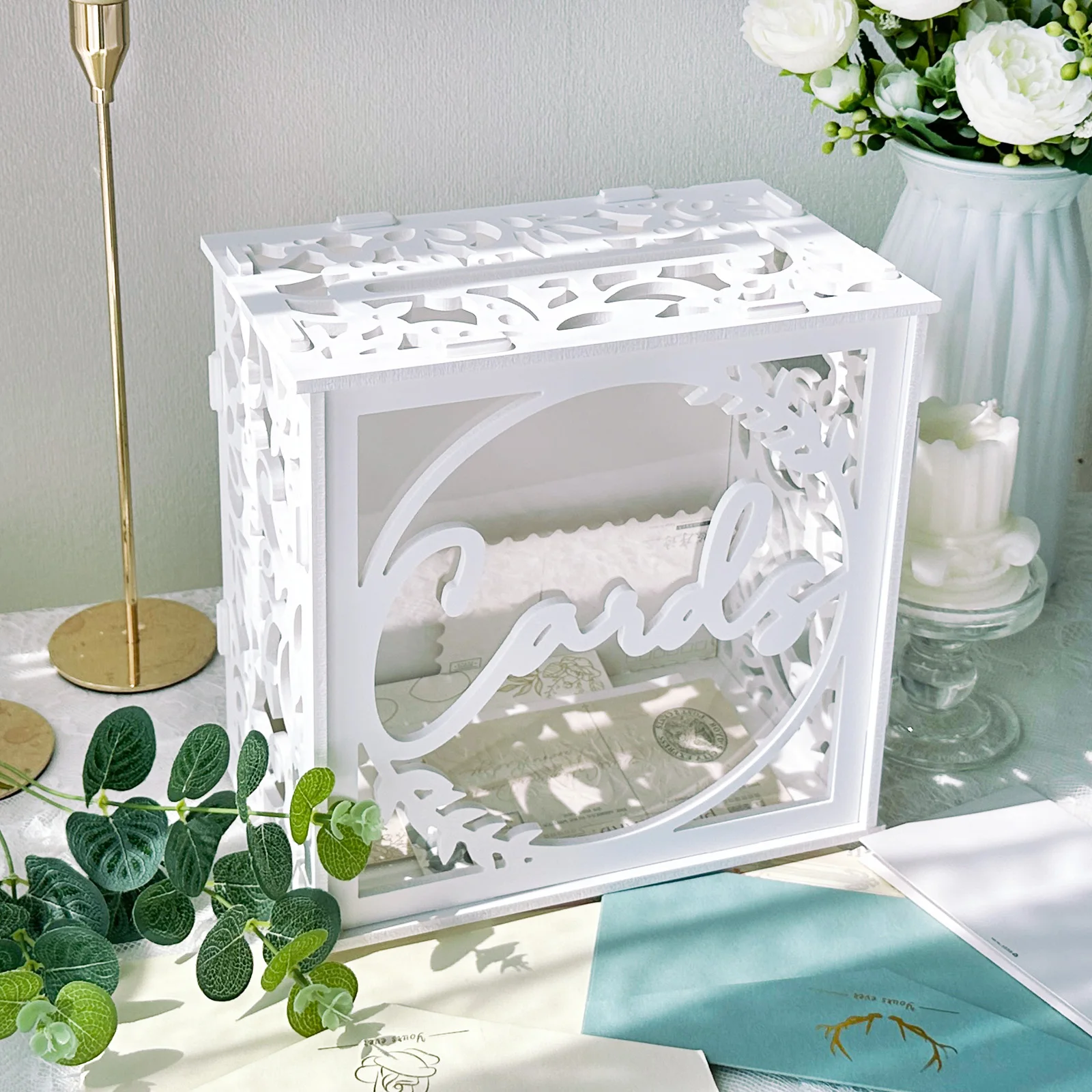 White Wedding Card Box for Receptions PVC Gift Card Box for Wedding with Acrylic Windows Rustic Envelop Money Gift Ann