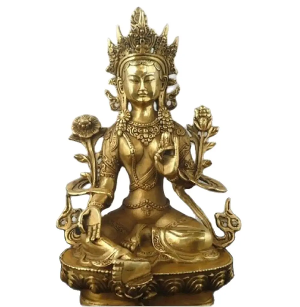 

21cm Tibetan Buddhism Copper Green Tara God Godness Kwan-yin Buddha Statue