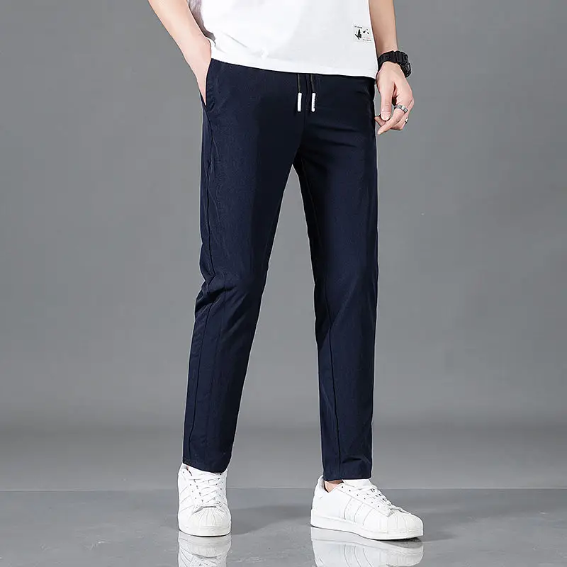 Spring Autumn New Men's Trousers Solid Color Patchwork Elastic Drawstring Fashion High Street Casual All-match Straight Pants