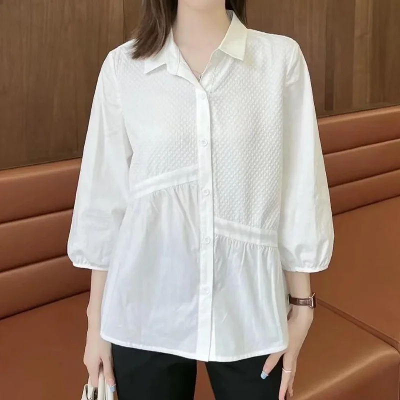

2023 Summer New Solid Color Simple Commuter Polo Collar 3/4 Sleeve Top Trendy Korean Edition Spliced Button Loose Women's Shirt