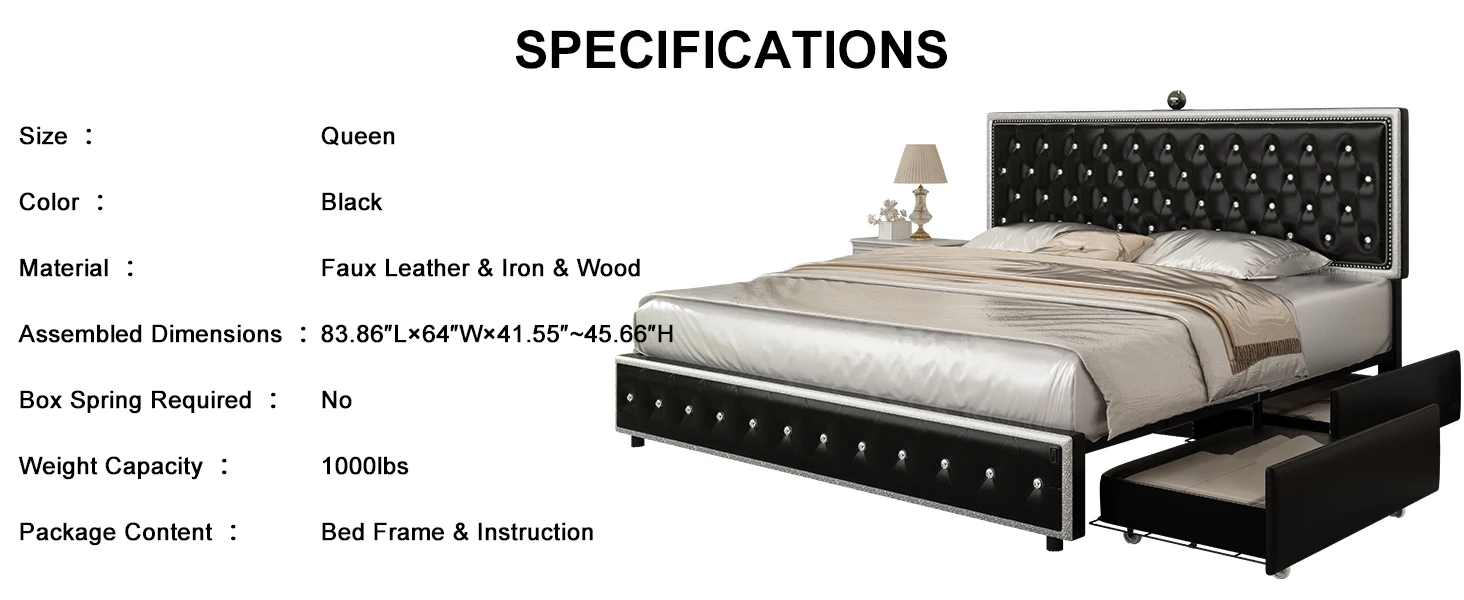 GEGOFORU Upholstered LED Bed Frame with Galaxy Projector, USB & Bluetooth, 4 Storage Drawers, No Box Spring, PU White