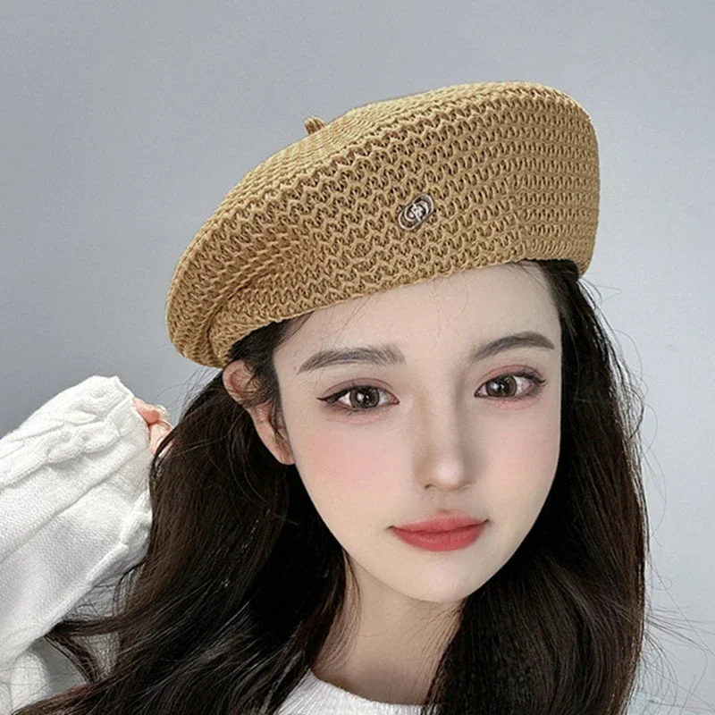 Women's Knit Beret Hat - Breathable Summer Straw Painter Style_voghion.com