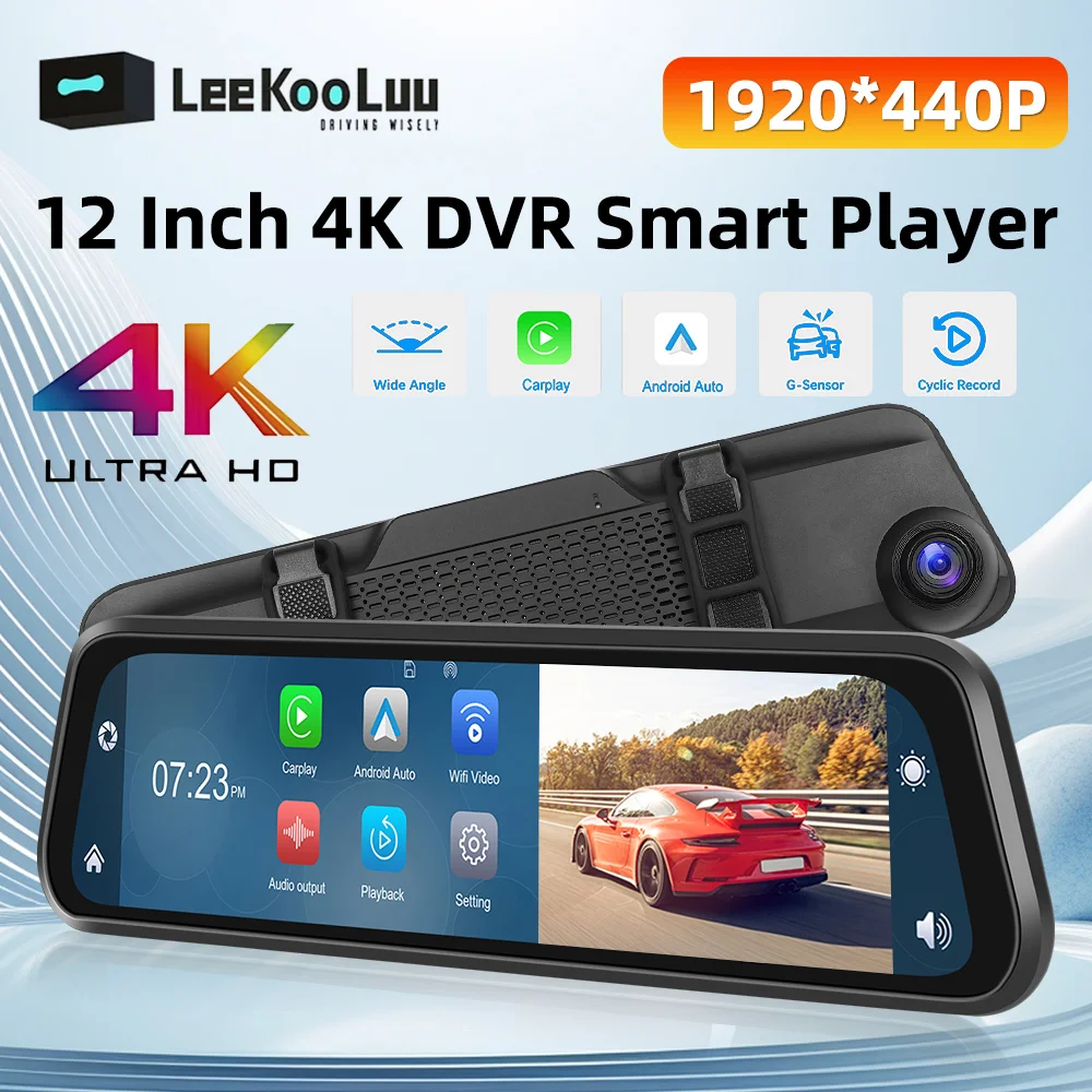 

LeeKooLuu 12" Car Rear Mirror Wireless Carplay Android Auto 4K DVR Front Camera Bluetooth FM Transmitter Multimedia Video Player