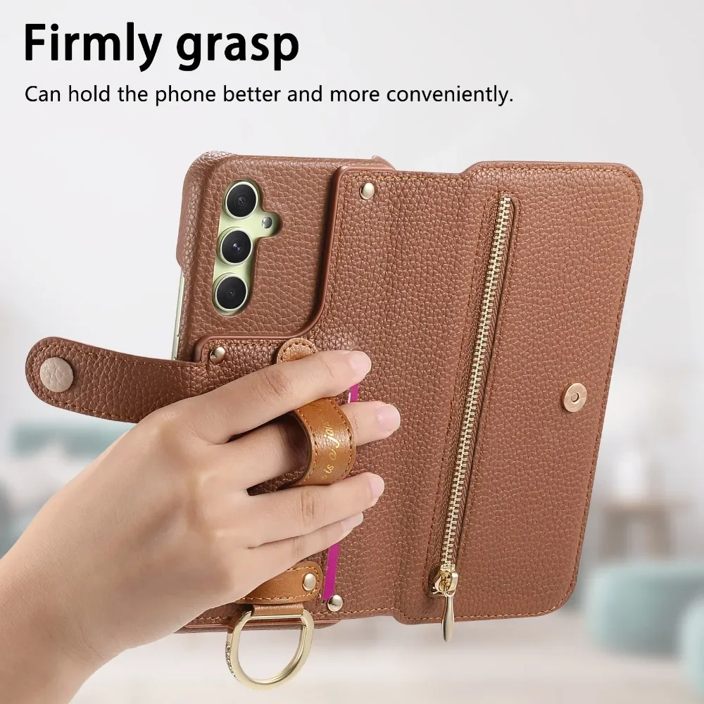 Card Holder Wallet Wrist Strap Ring Flip Phone Case