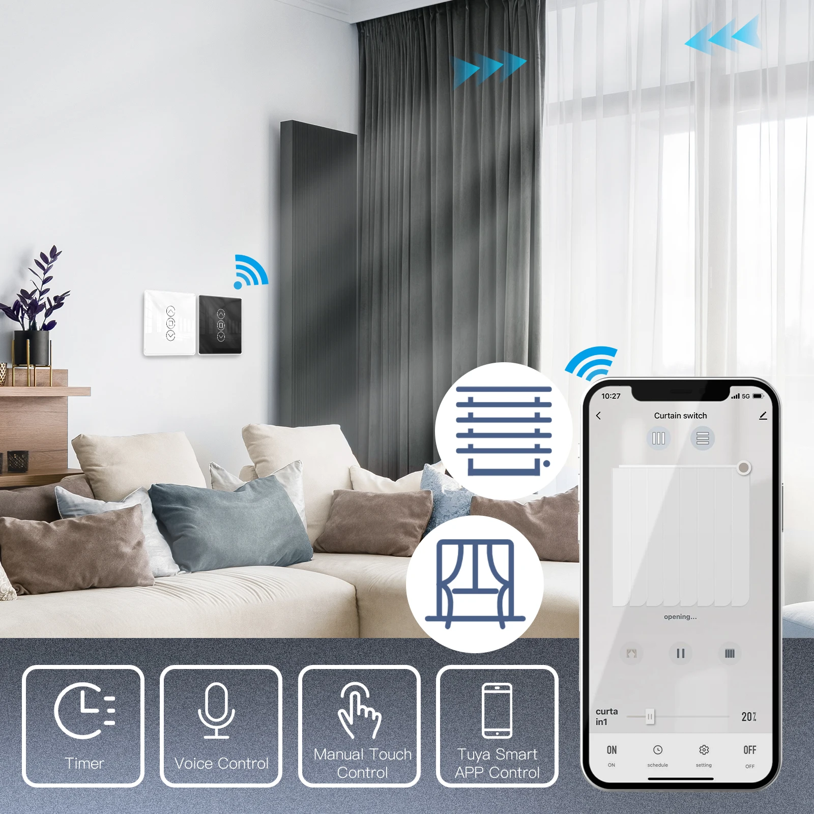 WiFi Smart 2.5D Arc Glass Touch Panel Curtain Switch Roller Blinds Shutters APP Remote Control Work With Alexa Google Home electric curtain switch
