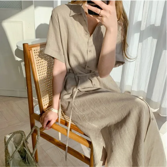 

2024 New Spring and Summer Women Loose Single Breasted Short Sleeve Skirt Daily Street Solid Color Long Skirt Sexy Slim Dress