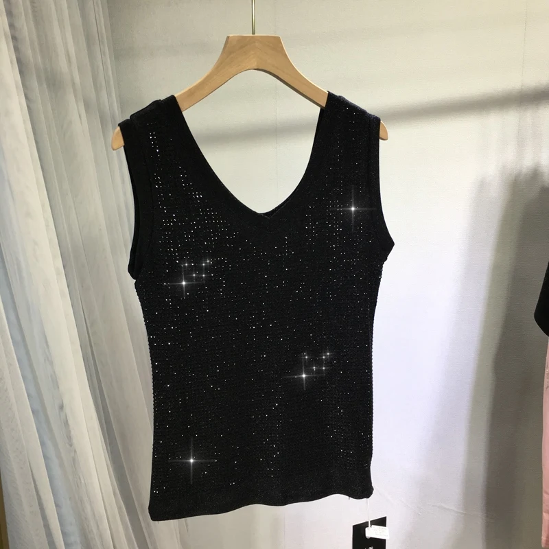 

Babysbreath Hot Drilling Women Camisole Silky Shiny Diamonds V-neck Sleeveless T-shirt All-match Summer Cool Black Tanks Top