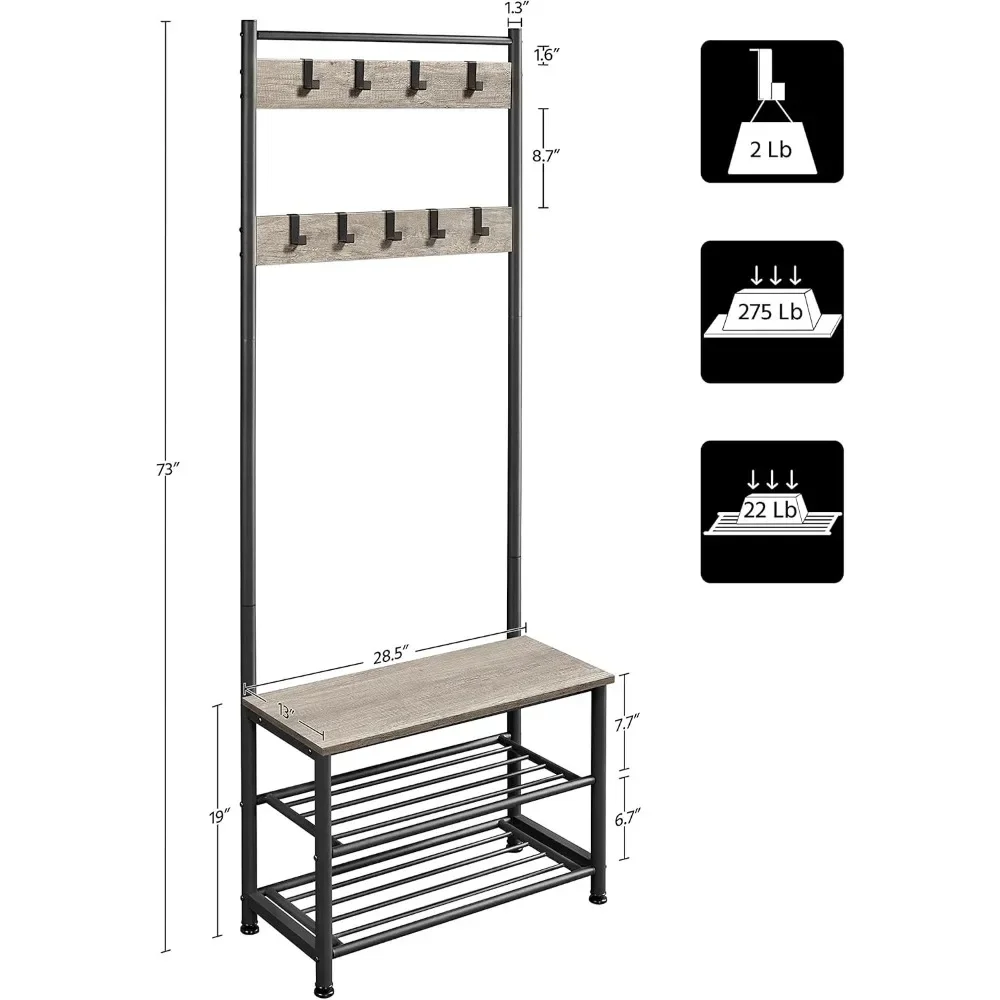 3-In-1 Hall Tree Coat Rack with Shoe Storage Bench,Coat Rack Shoe Bench with 9 Movable Hooks,with Metal Frame,Easy Assembly,Gray