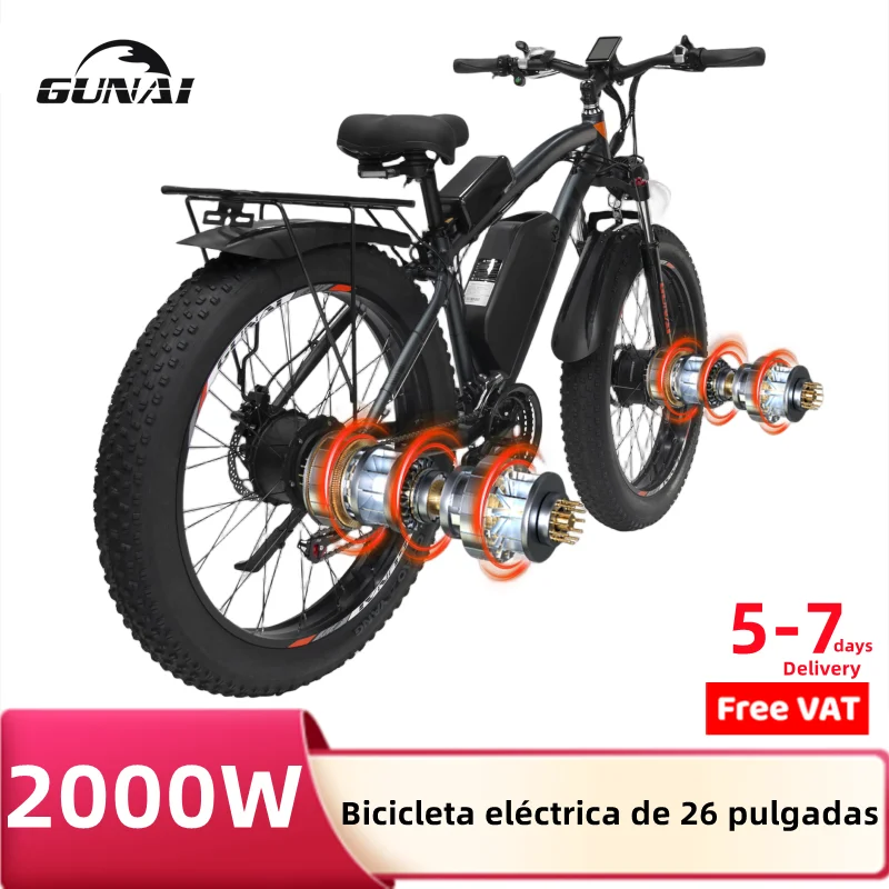 Gunai 2000W Biciclette Elettriche Doppio Motore 26 Pollici Fat Tire 800W Batteria 7 Velocità Forcella Sospensione Faro Fanale Posteriore Adulti Ebikes