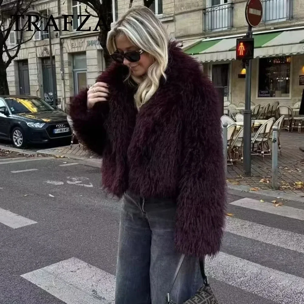 TRAFZA 2025 Autumn Winter Women Casual Faux Fur Jackets Fashion Streetwear Solid Turn Down Collar Warm Oversized Thick Coats 3