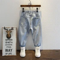 Jeans pour garçons printemps automne nouveaux enfants trou Demin pantalons enfants portent adolescent mode ajustement pantalons longs imprimer sarouel pantalon 3-12 ans 4