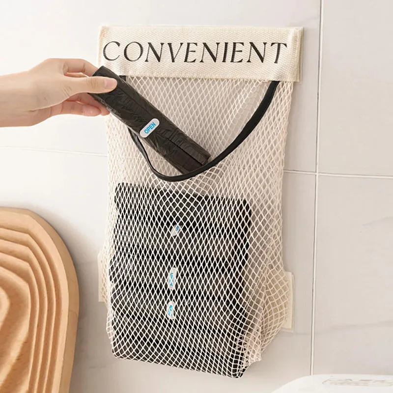 Wall Mount Mesh Storage Bag Garbage Bag Holder Plastic Shopping Bags Dispenser Sundries Bag Bathroom Net Storage Organizer