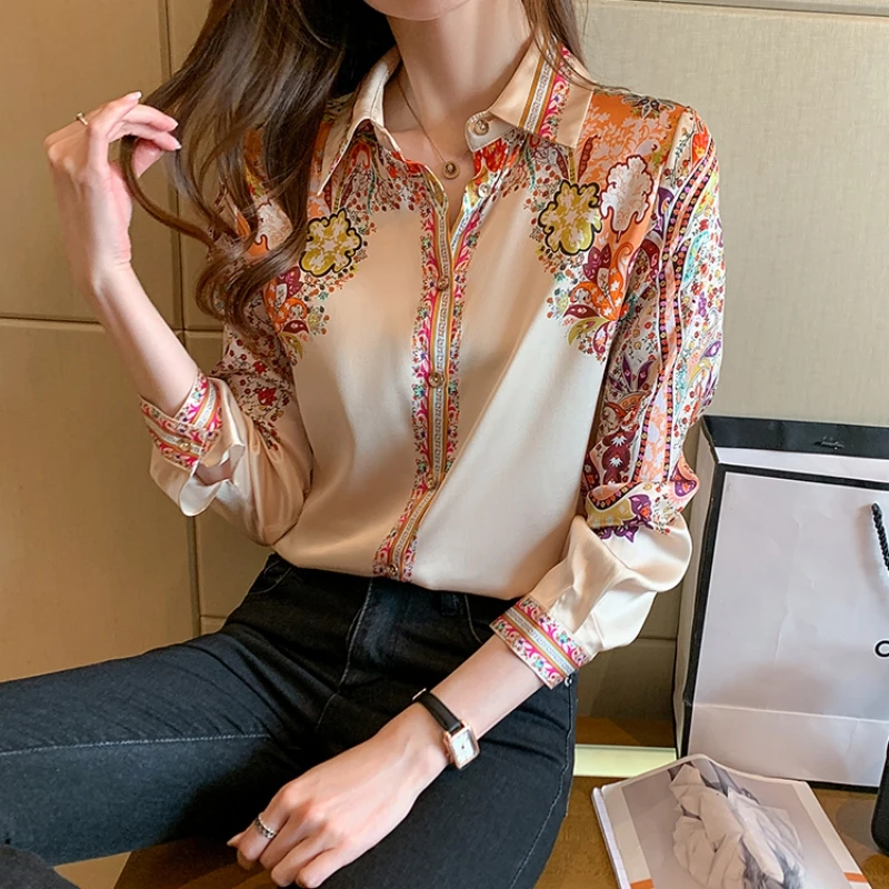 Floral Print Satin Blouse for Women Long Sleeve Office Tops