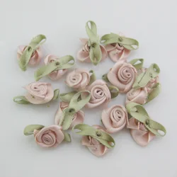 Vibrant Fabric Ribbon Rose Rosettes with Leaf - Set of 50 Flower Embellishments for DIY Crafts & Sewing Supplies (26 skin)