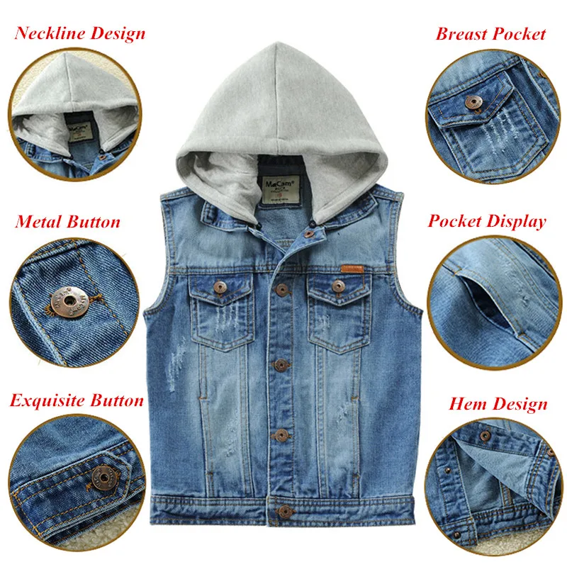 Boys Denim Vest With Hood Fashion Solid Design Kids Causal Outwear Jean Coat For Children's Age 2-14 T Waistcoat LC400