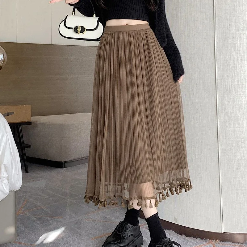 Autumn Winter New Solid Color Elastic Waist Skirts Women High Street Lace Patchwork Tassel Elegant All-match Female Clothing