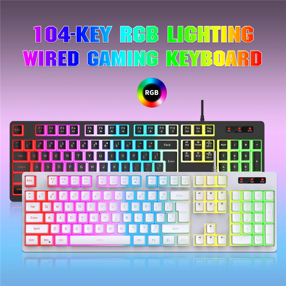 LED Lighting Keyboard Wired Key Board 104 Keys RGB Membrane Gaming