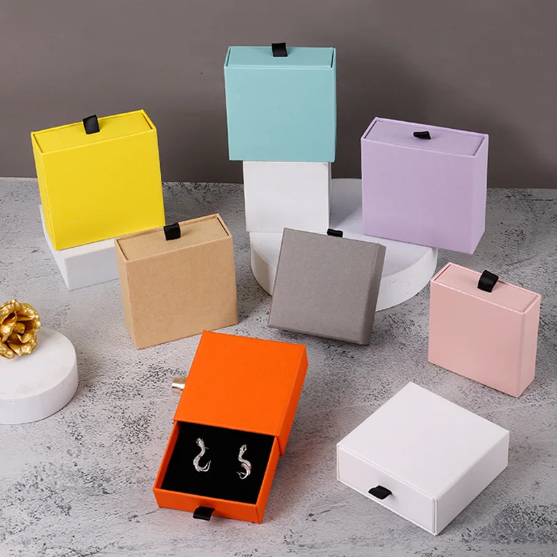 12pcs Solid Color Drawer Jewelry Paper Box Custom Logo Pendant Supplies Bracelet Storage Gift Case Packaging With Inside Sponge three layer leather jewelry organizer box double drawer travel carrying case compartment display princess vintge storage box