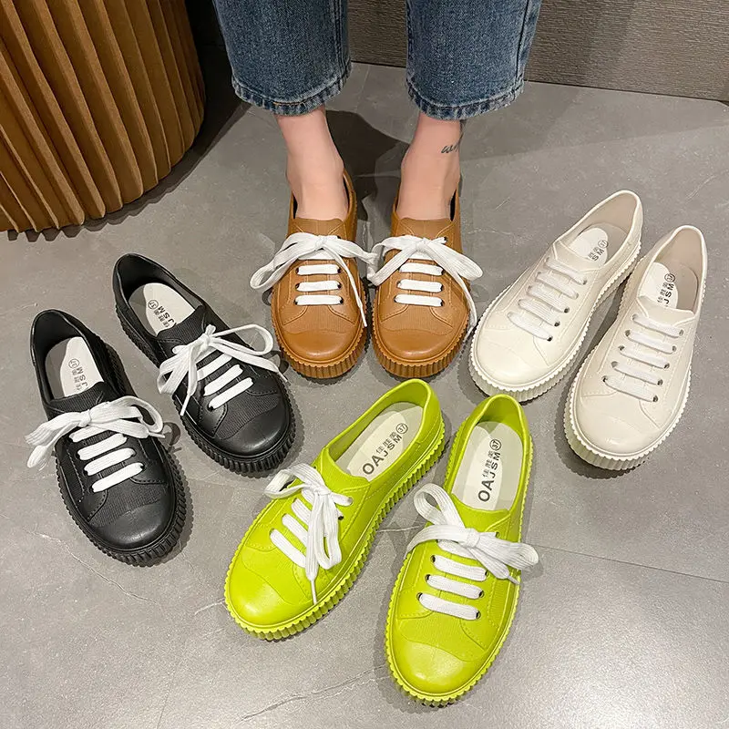 Bright Color Low Top Rain Boots Woman White Laced Up Water Shoes Nice Women's Galoshes Female Waterproof Rainshoes Rain Loafers