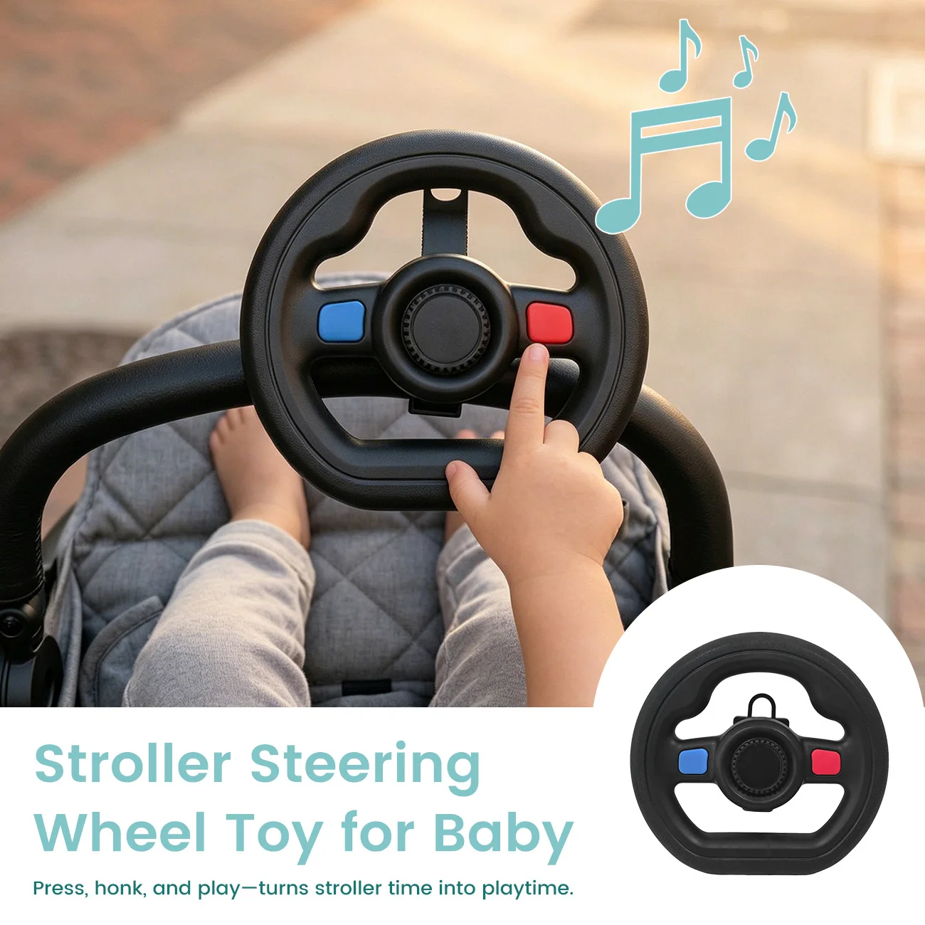 Baby Stroller Steering Wheel Toy, Musical Simulation Driving Toy with Horn Sound, Adjustable Mount 360° Rotatable Toddler Preten - 3