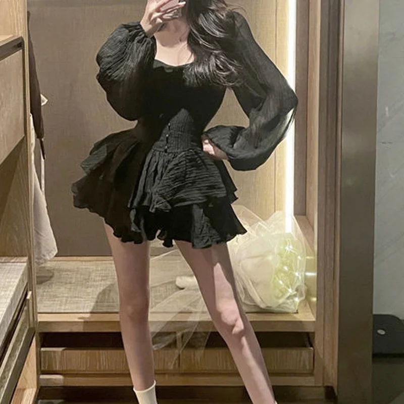 

Summer New Square Neck Long Sleeve Ball Gown Women Solid Color High Street Casual Dresses Ruffles Patchwork Elegant Vintage Robe