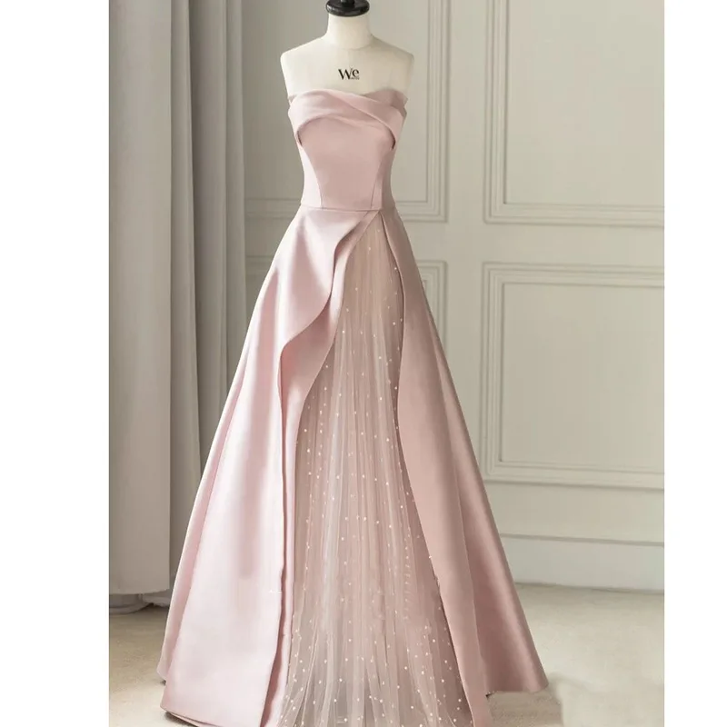 

Pink strapless women's banquet evening dress 2023 new engagement toast dress birthday banquet host evening dress