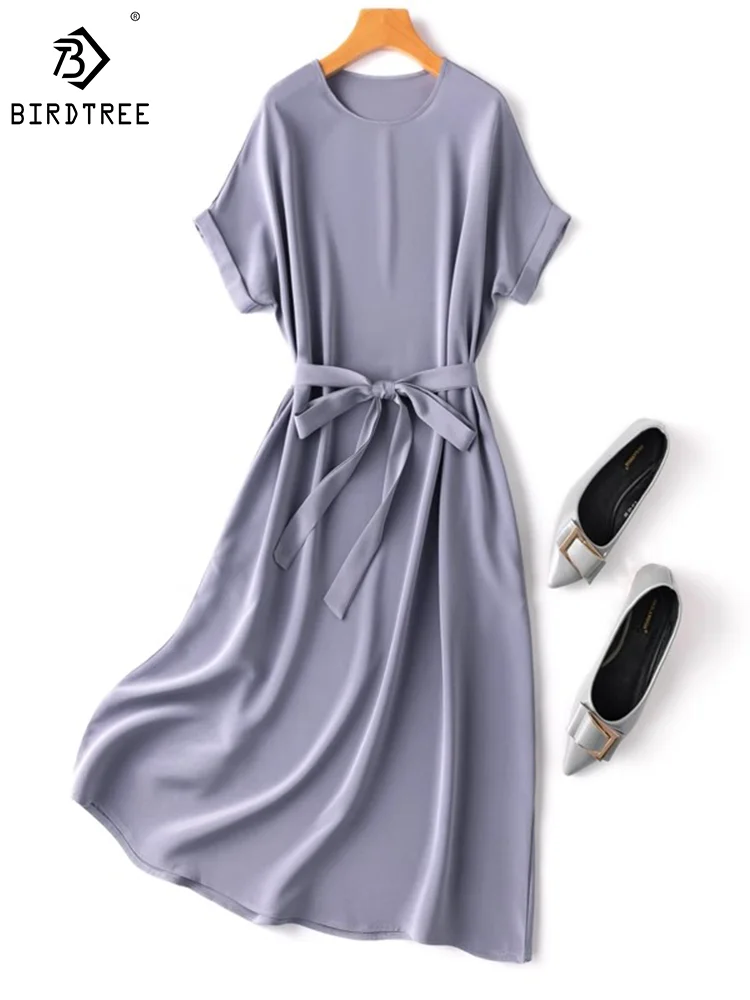 

Birdtree 25mm 93%Silk 7%Spandex Dresses With Sashes Women Solid Round Collar Belted Mid Dress 2023 Spring Summer Chic D37449QM