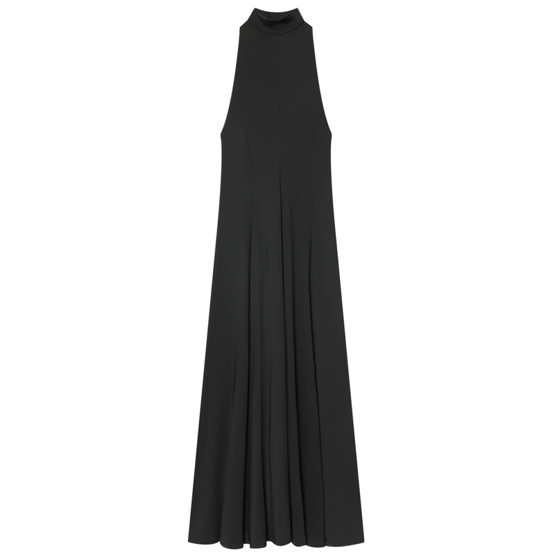 שמלת שחורה ללא גב לנשים עם כתפיים חשופות, שמלות ארוכות עם צווארון הלטר, שמלות מפולייסטר סקסיות למסיבות אלגנטיות, שמלות ערב מקסי