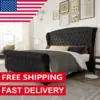 Queen Size Platform Bed Frame, Velvet Upholstered Sleigh Bed with Scroll Wingback Headboard Footboard/Button Tufted/No Box 1