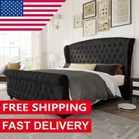 Queen Size Platform Bed Frame, Velvet Upholstered Sleigh Bed with Scroll Wingback Headboard Footboard/Button Tufted/No Box 1