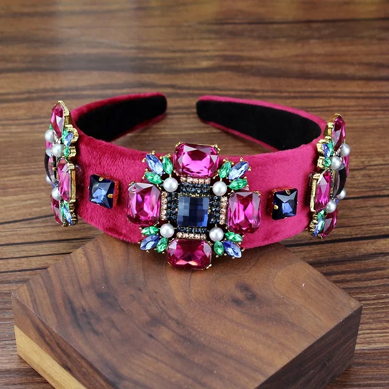 Gorgeous Luxury Blue Pink Crystal Baroque Headbands Sparkly Diamante Queen Hairband For Women Wedding Hair Accessories