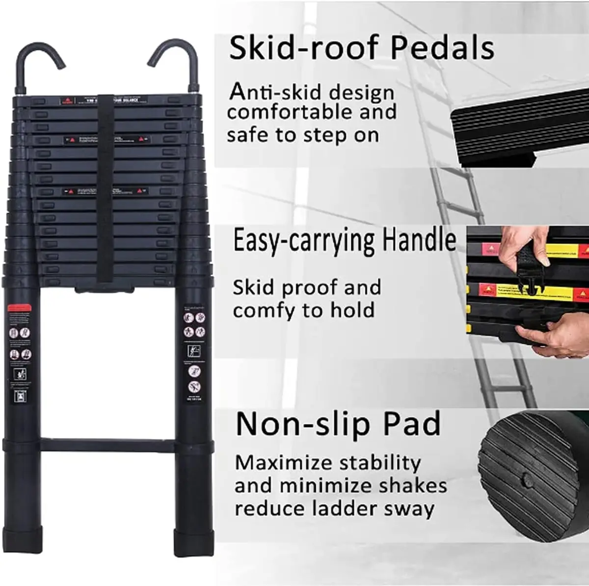 6.2M Heavy Duty Telescopic Ladders With Hooks 14 Steps Aluminum Extending Roof Ladder for Multi-Purpose Indoor Outdoor Ladder — view 5